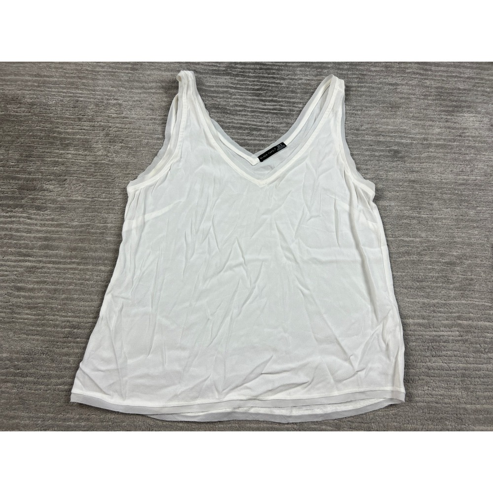 Black Tape Tank Top Womens Medium White V-Neck Chiffon Trim Sleeveless Blouse